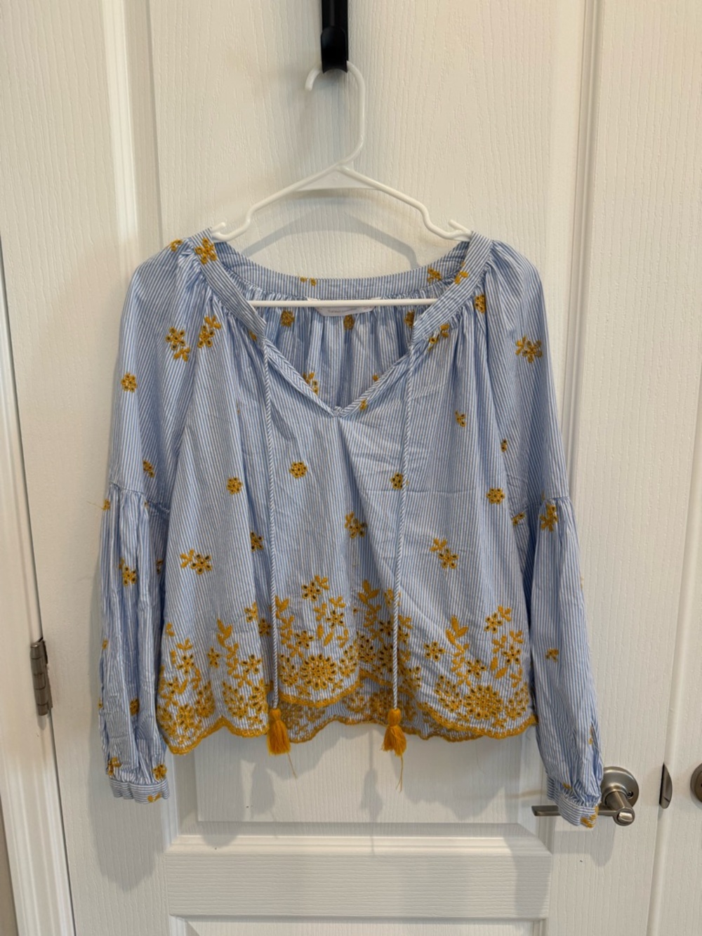 Zara Blue Striped Blouse with Yellow Floral Embroidery